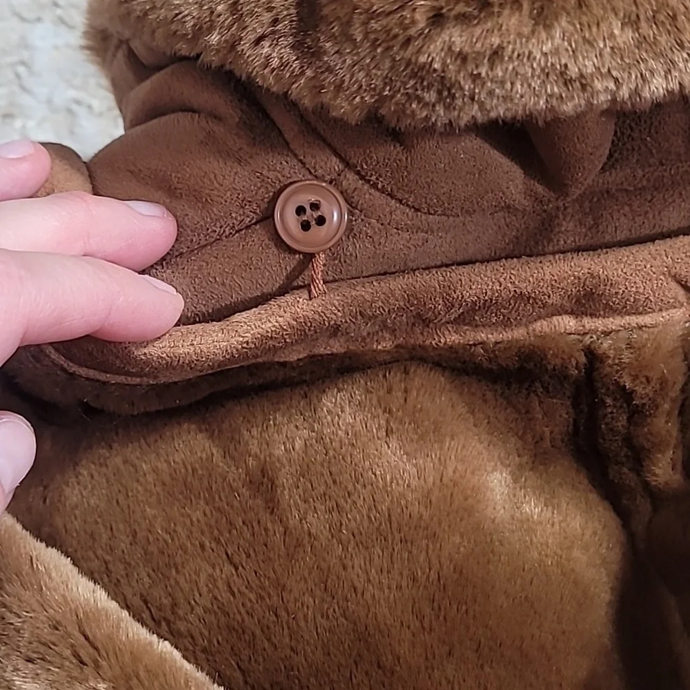 Y2K Cato Women Faux Fur Penny Lane Coat Size 18/22 L/XL Hood Brown Zip Suede 90s